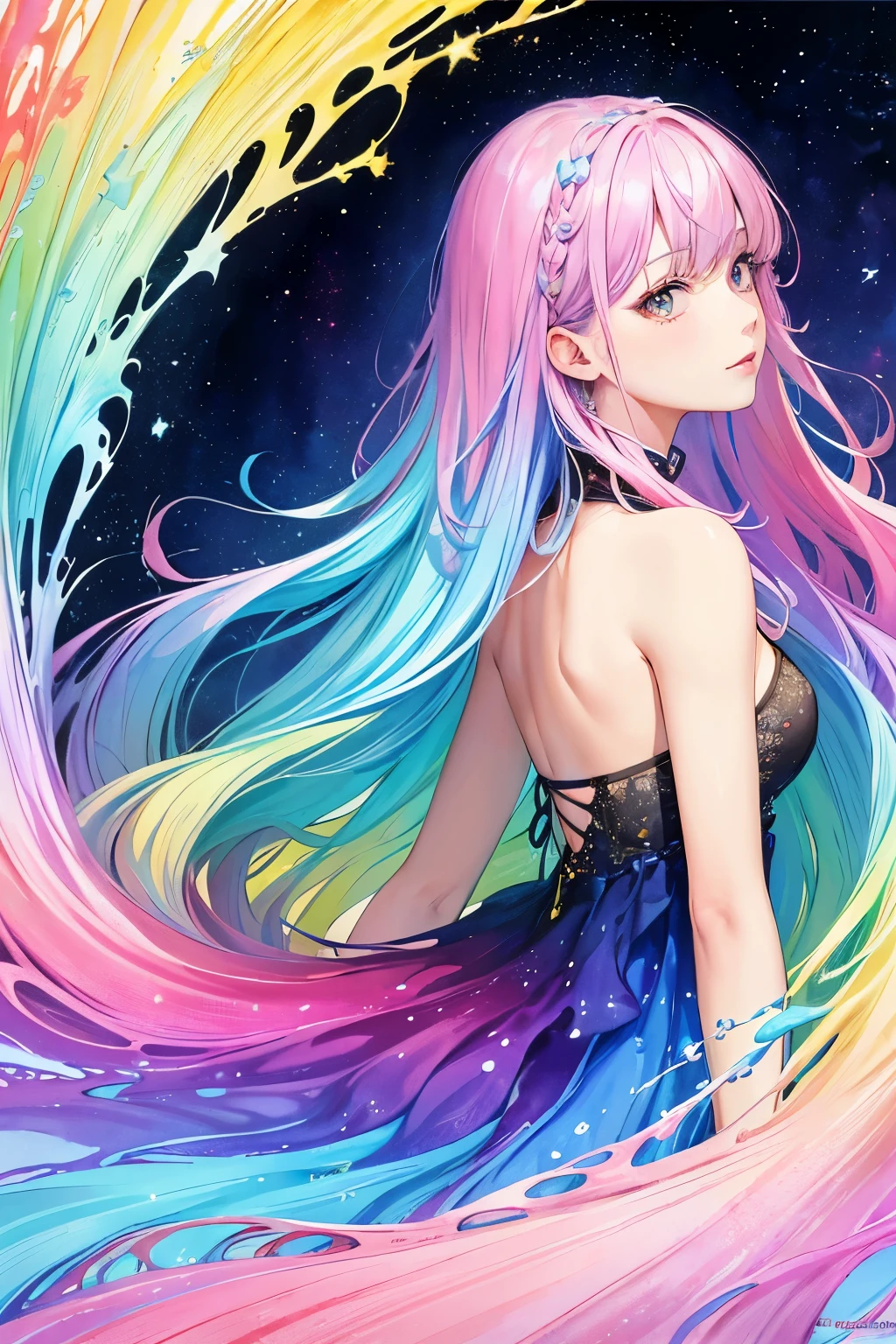(masterpiece, top quality, best quality,watercolor (medium),official art, beautiful and aesthetic:1.2),(1girl:1.3), (fractal art:1.3),upper body, from side, looking at viewer,patterns,(rainbow color Hair,colorful hair,half blue and half pink hair:1.2),water,liquid, cloud,colorful, starry,stars,