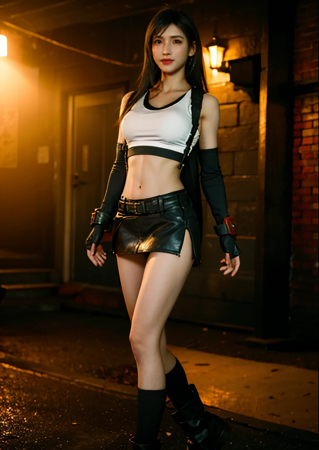 (Photorealistic: 1.4), top quality, very delicate and beautiful, high resolution, 1girl, tifa_lockhart, smile, cowboy shot, suspenders, low rise, mini skirt, tank top, tense shirt, black hair, long hair, elbow gloves, beautiful detailed red eyes, face light, movie lighting, navel, high exposure, abdomen exposure, ribs, abs, ( gigantic breasts: 1.2), dynamic poses, dynamic angles, tifa, medium breast, full body, standing