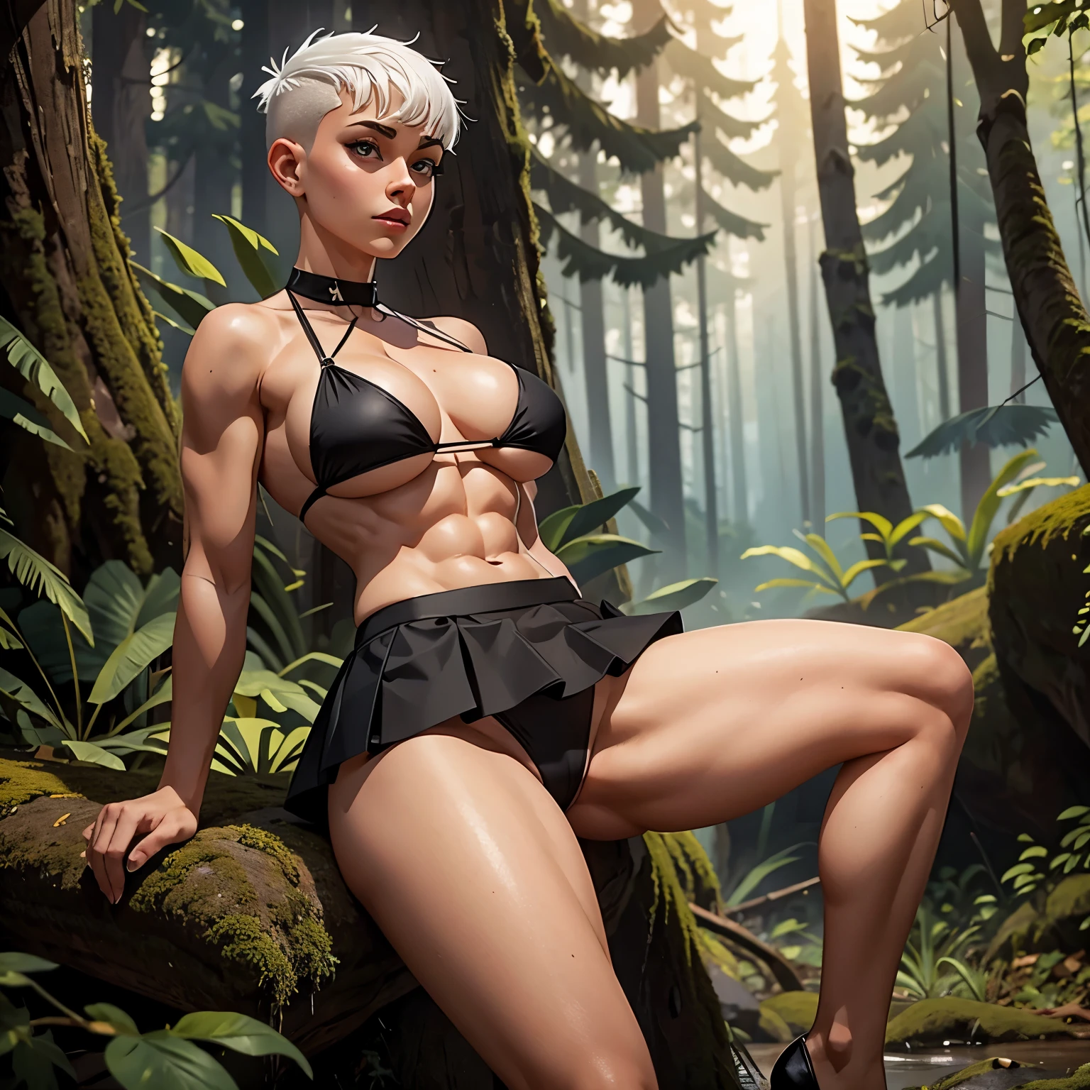 1girl, full body, legs, abs, big breasts, white hair, shaved haircut, skirt, black small bikini, forest, masterpiece, big thighs