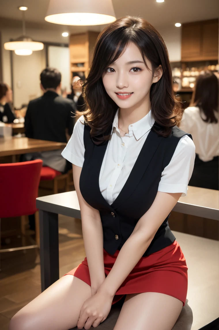 (((full body,including legs)))、(((cute counter staff,little smile,blush,red cheek,in the cafeterria,open legs apart,sitting down the chair))),(((perfect uniform of Japanese stewardess, black vest-dress uniform,white tight blouse,black mini skirt,black high-heel,little smile,white blouse,tight blouse))) ,high heel、Dressed up、(Photo real:1.4)、(A hyper-realistic:1.4)、(Photorealistic:1.3)、 (gentle lighting: 1.05)、(Improve the lighting quality of your video:0.9)、32k、 1Girl、28years old girl、photorealistic lighting、Back lighting、Facial Lights、Ray Trace、(bright:1.2)、(Increase quality:1.4)、 (best quality real texture skin)、Fair eyes,Delicate and delicate face, Close-up of the face, white blouse,tight blouse,tight black vest-dress uniform,black mini skirt, (Bodyline mood improvement:1.1)、good figure,Glossy skin、wavy hair,curly hair,blonde hair,韓国アイドル、乃木坂アイドル、Sculptural Idol Pose、little smile,blush,Beautiful actress, (((large breasts,beautiful breasts))),(perfect row of teeth),slender waist and hip,beautiful long legs,full shot)、((8heads tall)、(((誘惑している、恥ずかしい)))、dynamic pose,gravure pose,(eye shadow),((red cheek、red lips)),Super Clean Night View、night time、blush,little smile,(((full shot)))、Super Clean Night View、night time,in the cafeterria,open legs apart,sitting down the chair))),