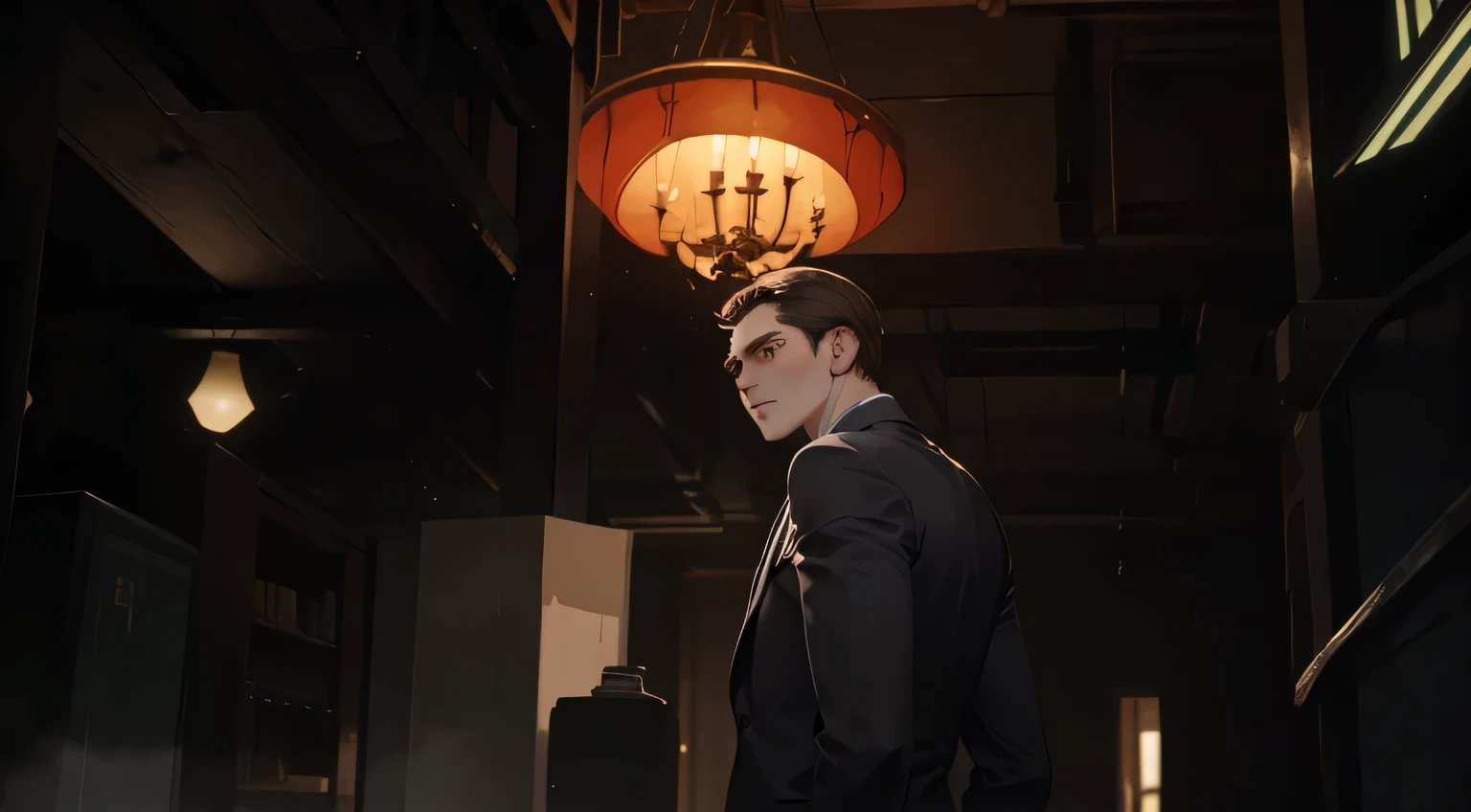 masterpiece, best quality, actual, 1 person, mature male, Quiet and charming young man ，looking back, 35 years old, Serious expression, close your mouth, portrait, extremely detailed face, sneering, ((dark gray eyes)), ((Dark brown right-handed short hair)), [thick eyebrows], ((suit)), Handsome, whole body, western, Jewish, light brown-skinned,