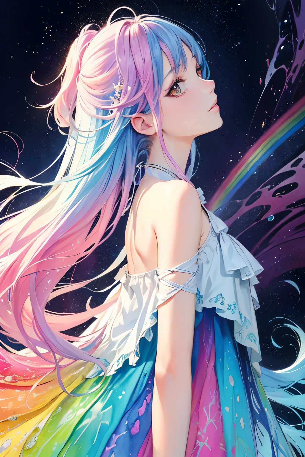 (masterpiece, top quality, best quality,watercolor (medium),official art, beautiful and aesthetic:1.2),(1girl:1.3), (fractal art:1.3),upper body, from side, looking at viewer,patterns,(rainbow color Hair,colorful hair,half blue and half pink hair:1.2),water,liquid, cloud,colorful, starry,stars,