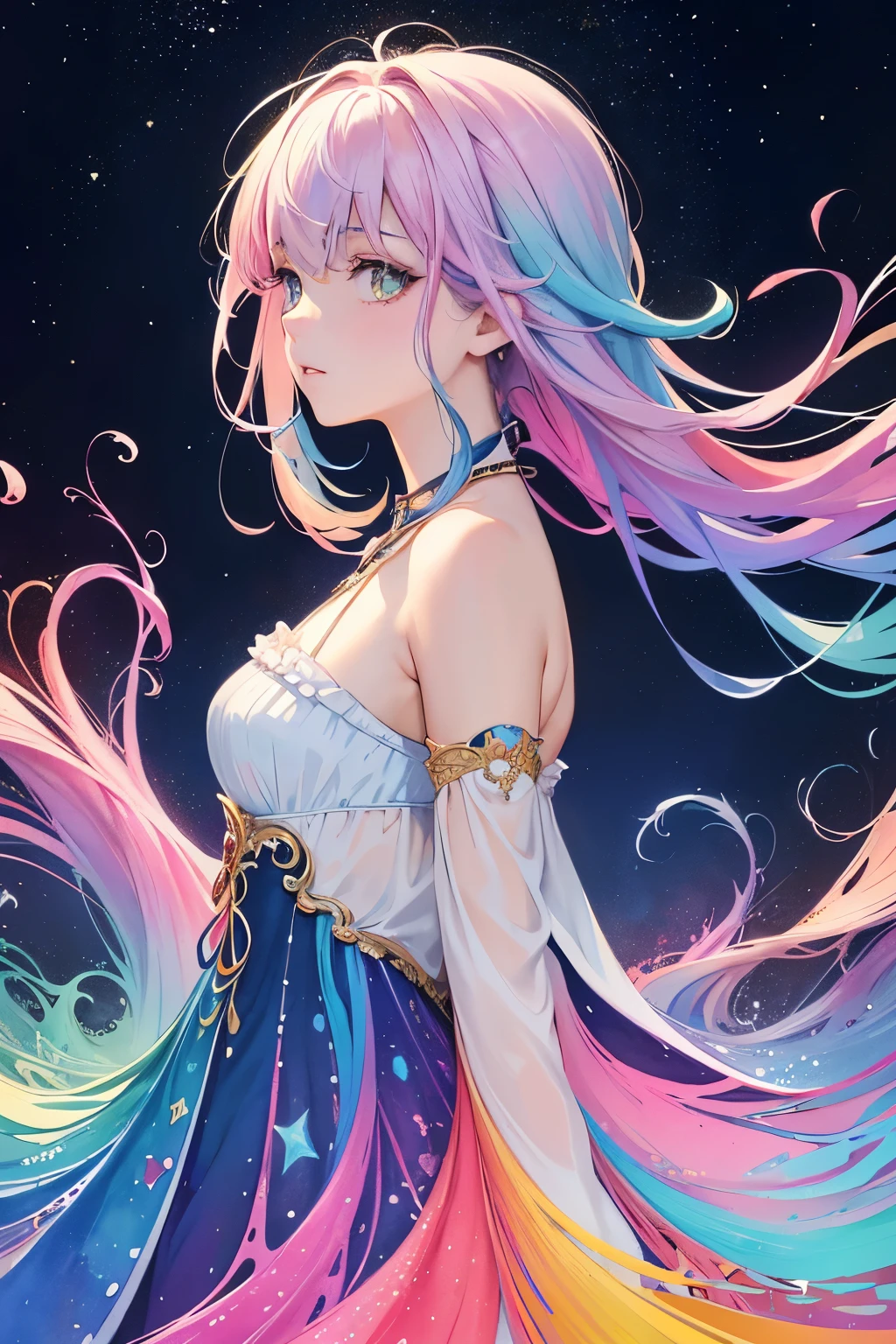 (masterpiece, top quality, best quality,watercolor (medium),official art, beautiful and aesthetic:1.2),(1girl:1.3), (fractal art:1.3),upper body, from side, looking at viewer,patterns,(rainbow color Hair,colorful hair,half blue and half pink hair:1.2),water,liquid, cloud,colorful, starry,stars,
