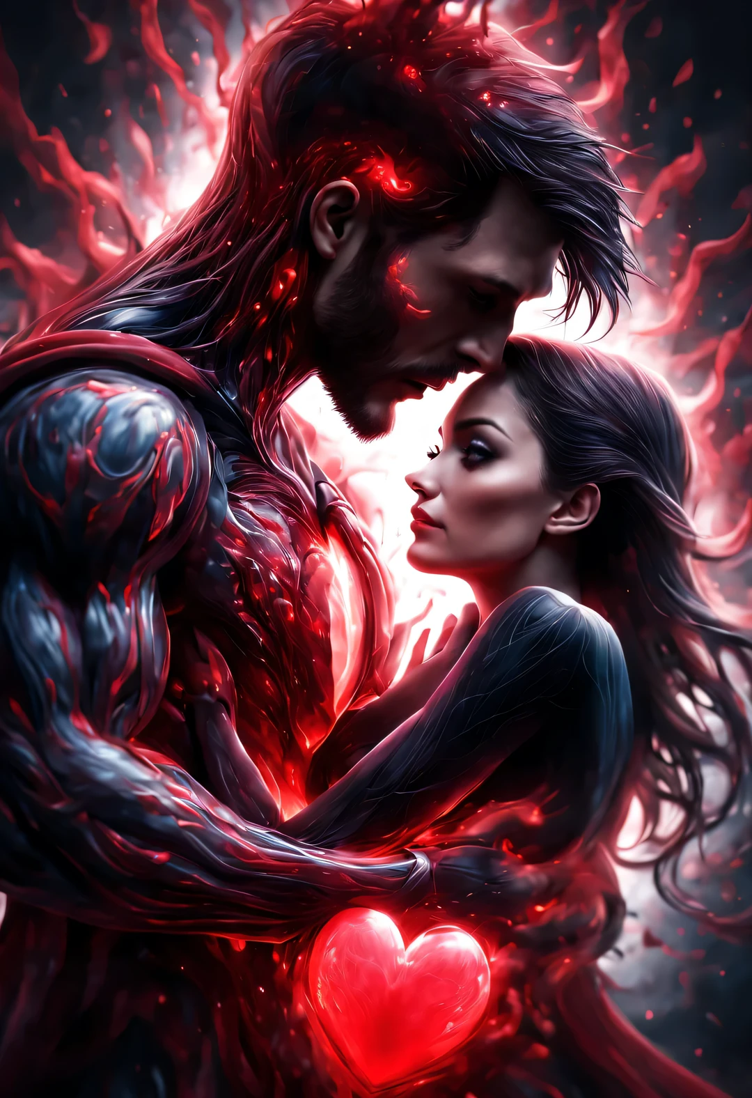 （Man giving woman huge glowing red heart），（There is a beautiful eye in the red heart：1.3）（Clear anatomy，A heart glowing red beats in the center of the picture.：0.85），（A man and a woman hugging each other face to face，Sharing a huge heart），Black light art，sharp focus，Toned muscles，Background human upper body muscles， fantasy，Reality，cartoon，3D rendering of Tom Hardy and Audrey Hepburn，super fine, Eighth Route Walker, Behavioral Contest Winners, vanity, trumpet, modern, 超Reality主义