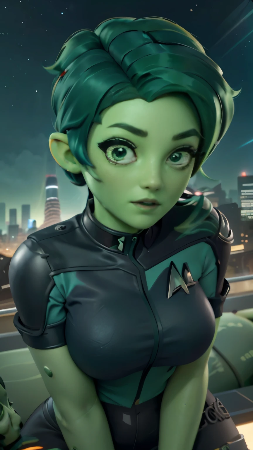 photo of Tendi, Orion from star trek, RAW, beautiful woman, ((portrait)), ((detailed face, big eyes, anime mouth, anime nose:1.2)), (short shaved dark forest green hair:1.3), ((detailed facial features, detailed vibrant green skin, emerald green skin skin:1.5), (perfect proportioned body),  (wearing Starfleet uniform, TNG, black leather pants:1.1), (full body: 1.1), (action shot crouching:1.25), (high detailed futuristic city environment, Starry skyline), (realistic photo, best quality, detailed), (8k wallpaper), (cinematic lighting, dramatic lighting) (sharp focus, intricate)