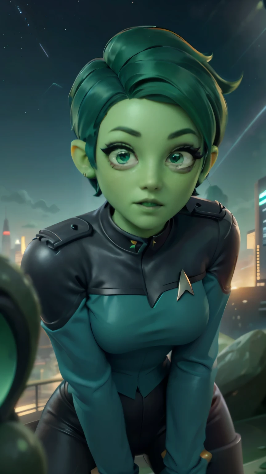 photo of Tendi, Orion from star trek, RAW, beautiful woman, ((portrait)), ((detailed face, big eyes, anime mouth, anime nose:1.2)), (short shaved dark forest green hair:1.3), ((detailed facial features, detailed vibrant green skin, emerald green skin skin:1.5), (perfect proportioned body),  (wearing Starfleet uniform, TNG, black leather pants:1.1), (full body: 1.1), (action shot crouching:1.25), (high detailed futuristic city environment, Starry skyline), (realistic photo, best quality, detailed), (8k wallpaper), (cinematic lighting, dramatic lighting) (sharp focus, intricate)