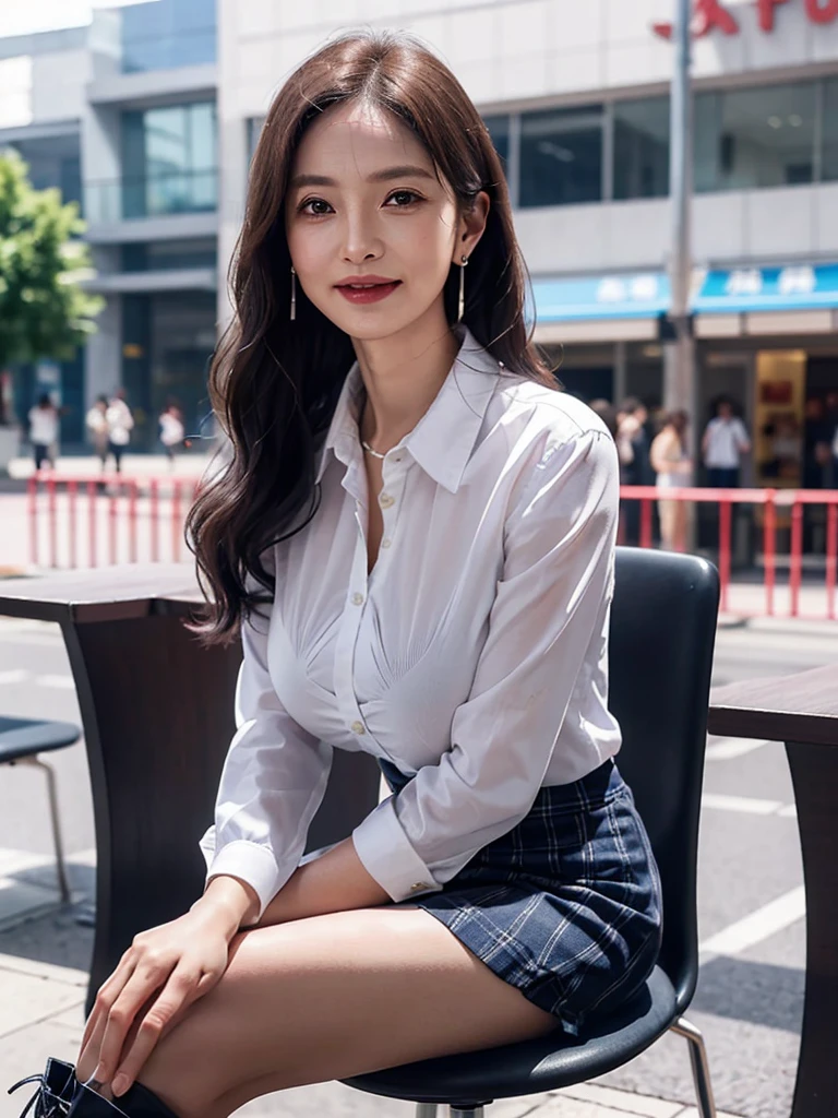 ​(masterpiece, highest quality), japanese mature, (alone), 60 years old, (wrinkles around the eyes:1.55), big breasts, mature woman, Glamour, Sexy, pure white skin, looking at the viewer、(super big breasts:1.28)、(Wavy Longhair)、small diamond necklace、earrings、(((collared shirt, checked skirt)))、short boots、smile、Public place、cross your legs、sit on a chair、full body photo、