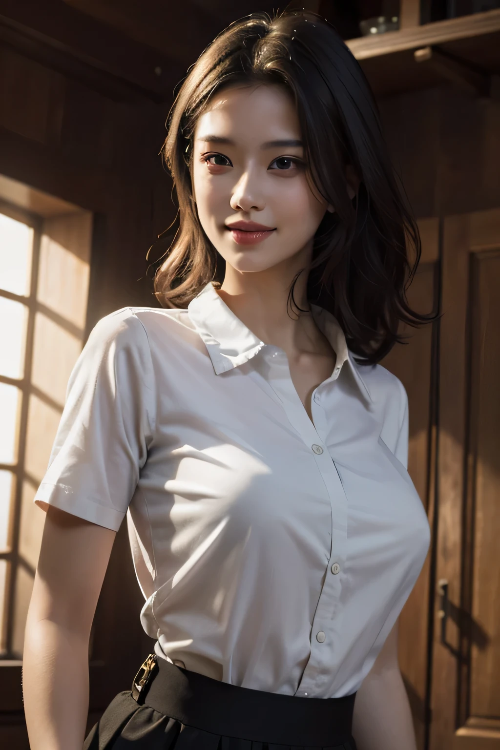 best quality, masterpiece, (photorealistic:1.4), 1girl, light smile, shirt with collars, waist up, dramatic lighting, from below