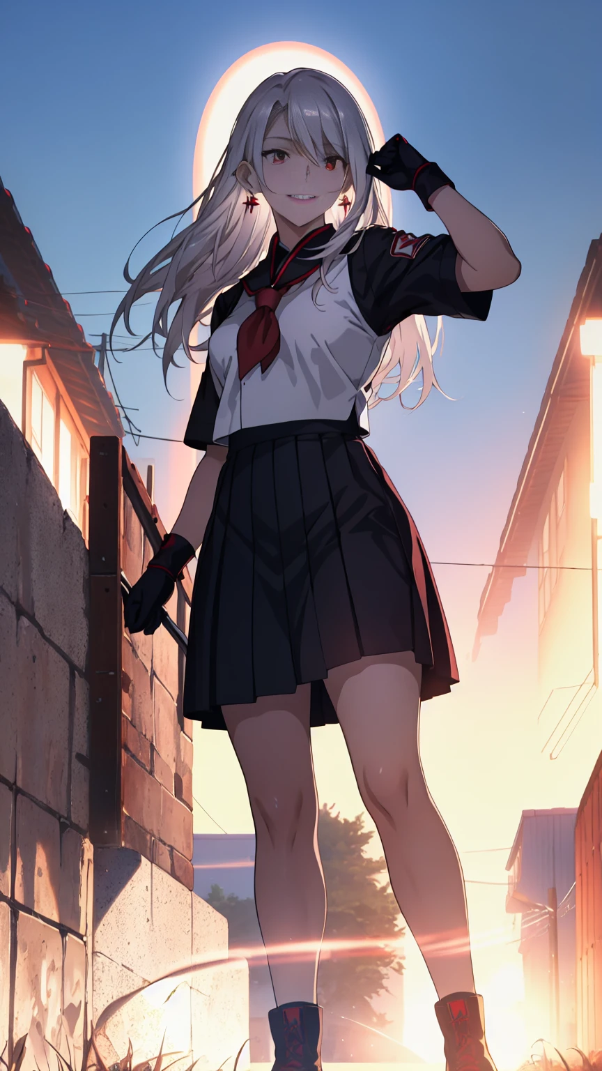 sukeban illyasviel_von_einzbern, mature_female, silver hair, holding yoyo, combat pose, full body, flowing hair, hair between the eyes, asymmetrical hair, red eyes, delicate facial features, sukeban deka clothe, looking_at_viewer, outdoors, background tokyo, ((solo girl:1,5))+++++,woman in a 80's sukeban seifuku standing on a set of strees, black , 80's japanese sukeban photo, sukeban seifuku,  80's japan, sukeban, long black skirt, red converse, full body, light skin tone female, full body, tape, arm_support, gloves, red_gloves, bridal gauntlets, blackred_footwear, fighter outfit, full body, hourglass, mature face, cheeky smile, cheeky face, wrinkles,( silver long hair, earrings, ear piercings), realistic, (fighting art, Martial arts, standing, fighting_stance, fight, fighting), extra colors, 2D, megapixel, perfectionism, accent lighting, full HD , 4K, masterpiece, empty red eyes