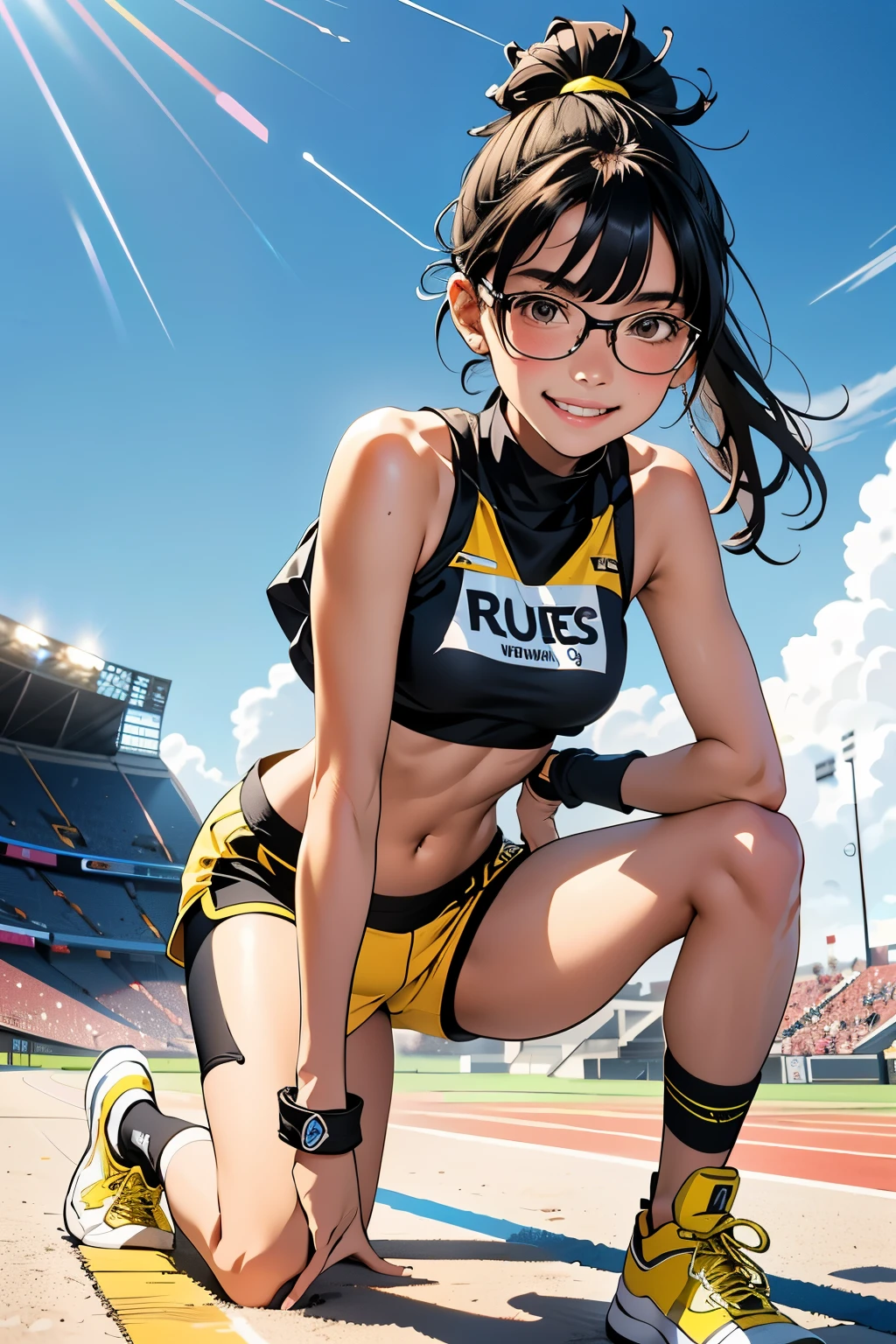beautiful girl runner, , Prepare to practice running, Lean over to tie your shoelaces.........................., Black Hair, Ponytail, bangs, Smile a little.........................., Wear glasses, ((Wear a sleeveless sports bar.........................., turtleneck, black and yellow shorts, (underboob))), The stomach has sexy lines.........................., yellow running shoes, in the stadium stands, anime, high-res