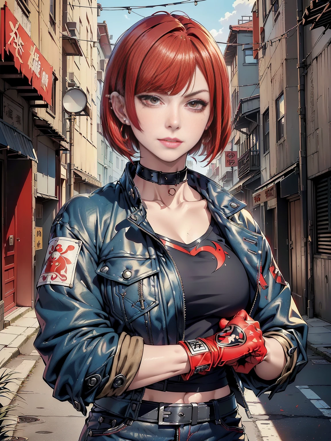 in the art style of persona5 and in the art style of street of rage 4, delinquent, (sukeban), mature_female, blush, mature, older woman, 25 years old, Sukeban teacher outfit, ((((1girl, solo female, solo, solo focus:1,9)))++++, choker, sukeban teacher, sukeban fighter, long_sleeves, open jacket, blue jacket,( jean)+++, light skin tone female, (full body)+++++, jacket, biker jacket, tape, arm_support, gloves, red_gloves, bridal gauntlets, nail polish, boots, black_footwear, fighter outfit, (full body)+++++++, hourglass, mature face, cheeky smile, cheeky face, wrinkles, (((((red hair, short hair, bob cut, earrings, ear piercings)))), red eyeighting art, Martial arts, standing, fighting_stance, fight, fighting), extra colors, 2D, megapixel, perfectionism, accent lighting, full HD , (Masterpiece:1.2), (full-body-shot:1),(cowboy shot:1.2), (Highly detailed:1.2),(anime Detailed Face:1.2), Colorful, A detailed eye, (Detailed landscape:1.2), (natural lighting:1.2), ((sukeban school teacher)) by Vincent Di Fate: Aidyllery, Anamorphic Shot, rule of thirds, face by Artgerm and WLOP, ((street of rage 4 city backround)), fictive city backround in the style art of street of rage 4,