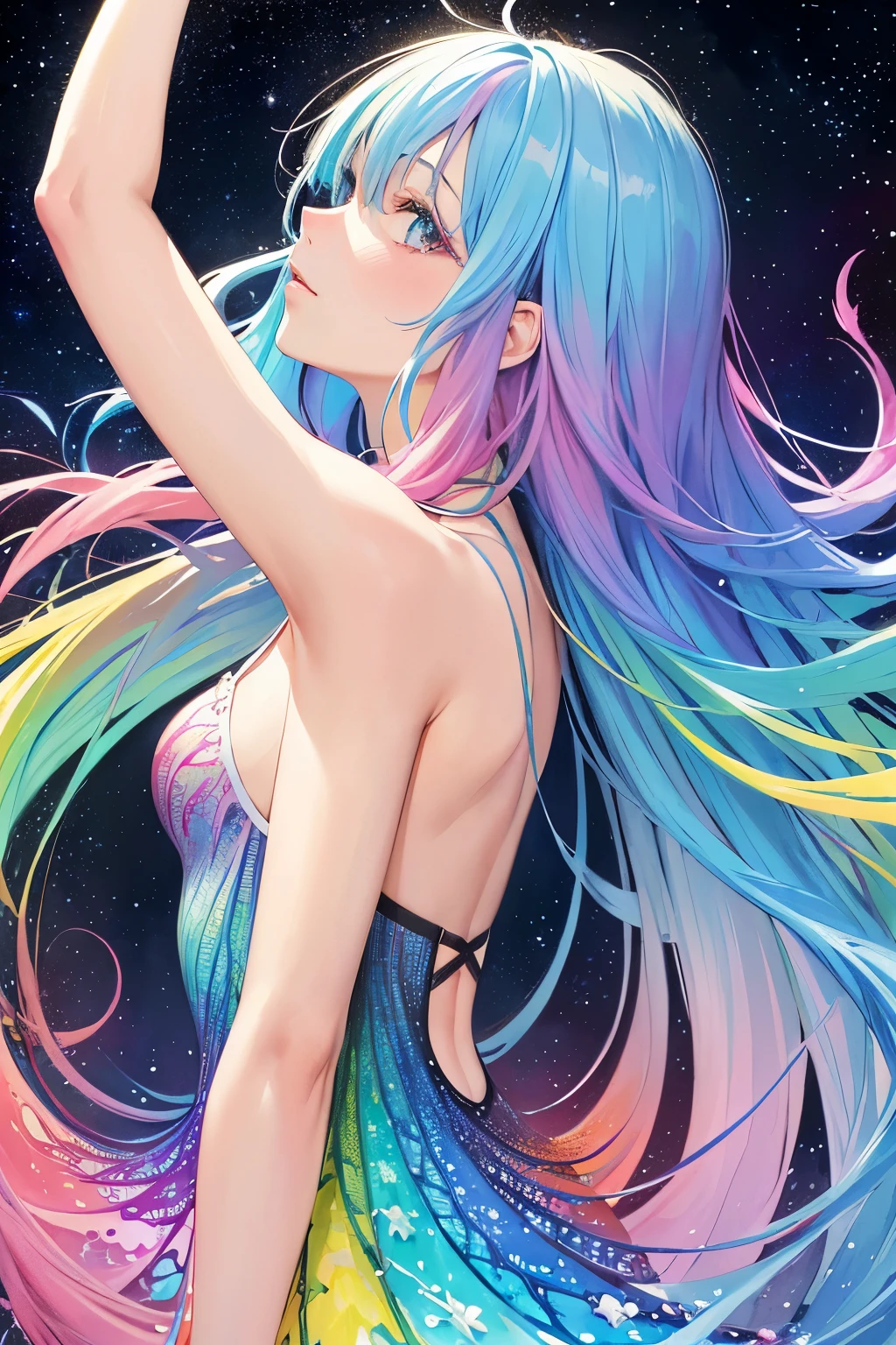 Hatsune miku, (masterpiece, top quality, best quality,watercolor (medium),official art, beautiful and aesthetic:1.2), (fractal art:1.3),upper body, from side, looking at viewer,patterns,(rainbow color Hair,colorful hair,half blue and half pink hair:1.2),water,liquid, cloud,colorful, starry,stars