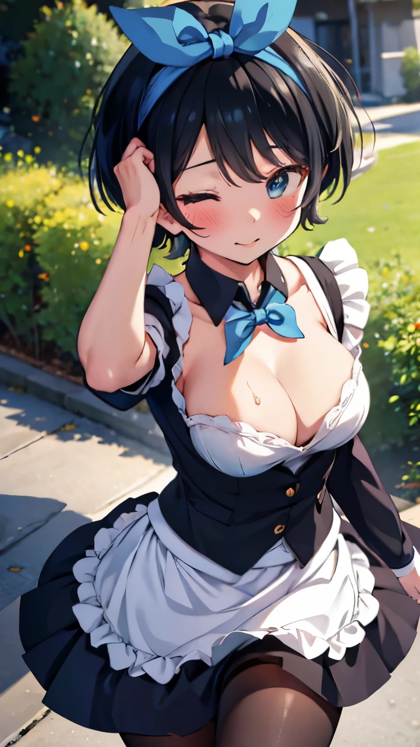 Main piece、high quality、High resolution、1 girl,single, Ruka Sarashina、jewelry、skirt、Maid uniform with bare chest、Japan maid café、black hairの女性、short hair、black hair、black pantyhose, blue eyes, long sleeve, Blue Hair Band, bangs, big breasts, cleavage, Medium waist, medium hips, wide thighs, Cowboy photos, smile, Charm, embarrassing, blush、large crowd of people, looking at the viewer,from below、high angle,とてもbig breasts、cleavage、No bra、No panties、No panties、非常に短いskirt、nipple、nippleを出す、Rubbing your own chest with both hands、Pose that emphasizes the chest、breast enhancement、1 girlと***1名, hetero, kiss, close your eyes, saliva, hug, blush, saliva trai、I feel it