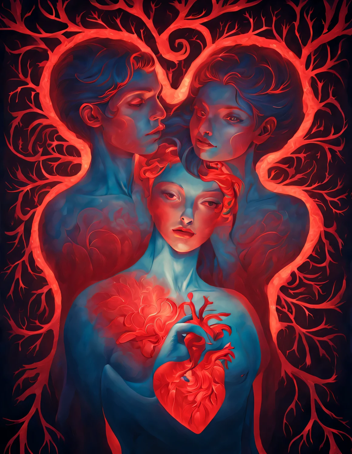 (Man giving woman huge glowing red heart),(There is a beautiful eye in the red heart:1.3)(Clear anatomy,A heart glowing red beats in the center of the picture.:0.85),(A man and a woman hugging each other face to face,Sharing a huge heart),Black light art,sharp focus,Toned muscles,Background human upper body muscles, fantasy,Reality,cartoon,3d rendering,James Jean (James Jean) super fine, Eighth Route Walker, Behavioral Contest Winners, vanity, trumpet, modern, 超Reality主义