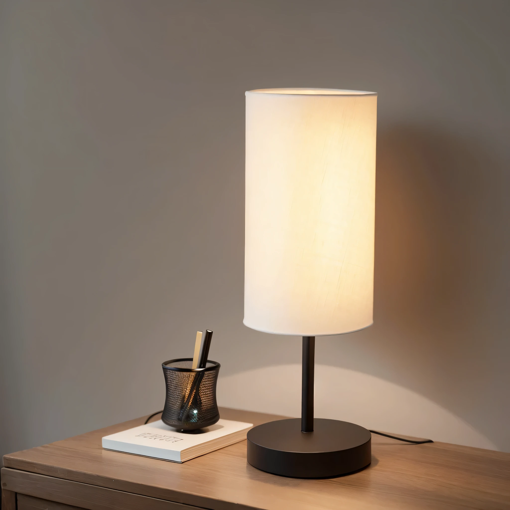 there is a lamp that is on a table with a pen holder, table light, light lighting side view, product introduction photo, one single lamp, lamps, best lighting, holding up a night lamp, extremely good quality lighting, famous designer lamp, gentle ambient lighting, detailed wide shot, beautiful and smooth soft light, product photo, top lighting, vanilla - colored lighting