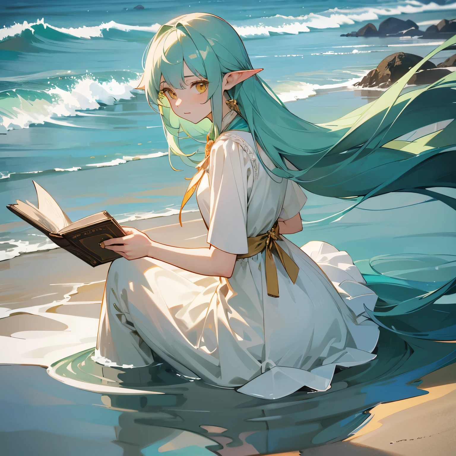 mature, mature girl, 1girl, ethereal, sea-green hair, long hair, tied hair, white ribbon tie, pale yellow eyes, fair skin, pointed ears, bored expression, bored, relaxed eyes ::2 gold pearl necklace, white dress, reading book, feet in water, some scales on feet ::3 facing ocean, looking back at camera, beach background, anime semi realism artstyle,high quality,best quality