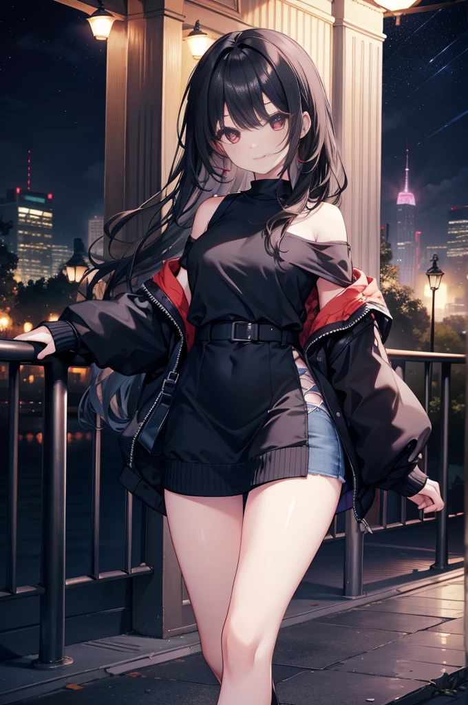 (masterpiece), (best quality), (4k resolution), (anatomy; perfect), 1 girl, fair skin, red eyes, black hair), detailed eyes, perfect face, (locks, bangs), loose hair, (light effects in hair), eyebrow, nose, ear, tight mouth, smiling, sweatshirt OFF SHOULDER TOP, short skirt, tightig chest), (perfect belly), (perfect waist), Beautiful and perfect legs, standing, background scenery, in the park, new year, beautiful night, night lighting, looking at viewer shy