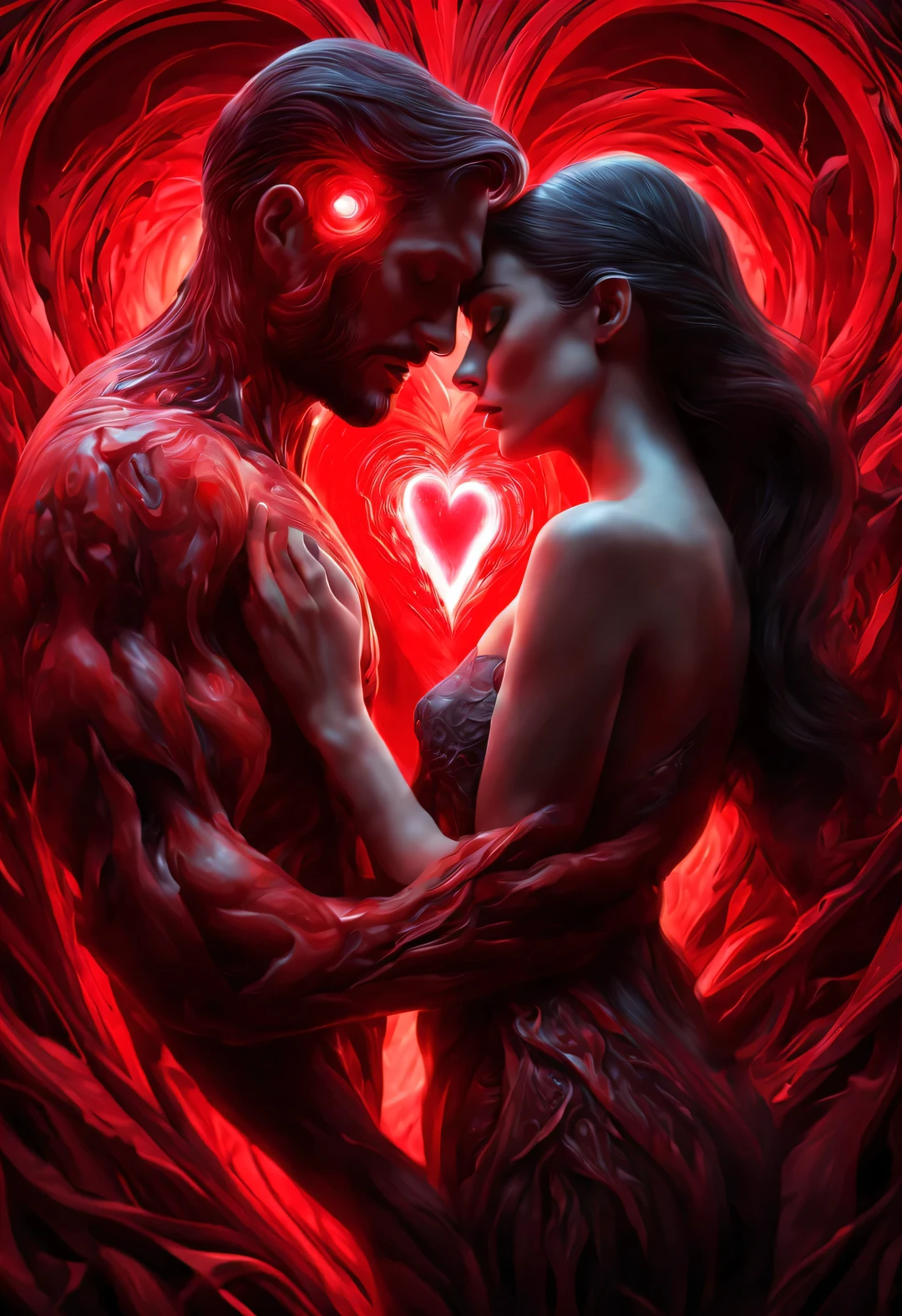 （Man giving woman huge glowing red heart），（There is a beautiful eye in the red heart：1.3）（Clear anatomy，A heart glowing red beats in the center of the picture.：0.85），（Tom Hardy and Audrey Hepburn）（A man and a woman hugging each other face to face，Sharing a huge heart），Black light art，sharp focus，Toned muscles，Background human upper body muscles， fantasy，Reality，cartoon，3d rendering，super fine, Eighth Route Walker, Behavioral Contest Winners, vanity, trumpet, modern, 超Reality主义