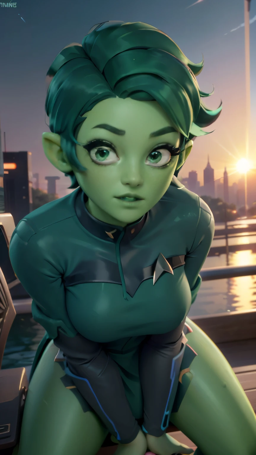 photo of Tendi, Orion from star trek, RAW, beautiful woman, ((portrait)), ((detailed face, big eyes, anime mouth, anime nose:1.2)), (short shaved dark forest green hair:1.3), ((detailed facial features, detailed vibrant green skin, emerald green skin skin:1.5), (perfect proportioned body),  (wearing Starfleet uniform, TNG:1.1), (full body: 1.1), (action shot crouching:1.25), (high detailed futuristic city environment, sunset skyline), (realistic photo, best quality, detailed), (8k wallpaper), (cinematic lighting, dramatic lighting) (sharp focus, intricate)