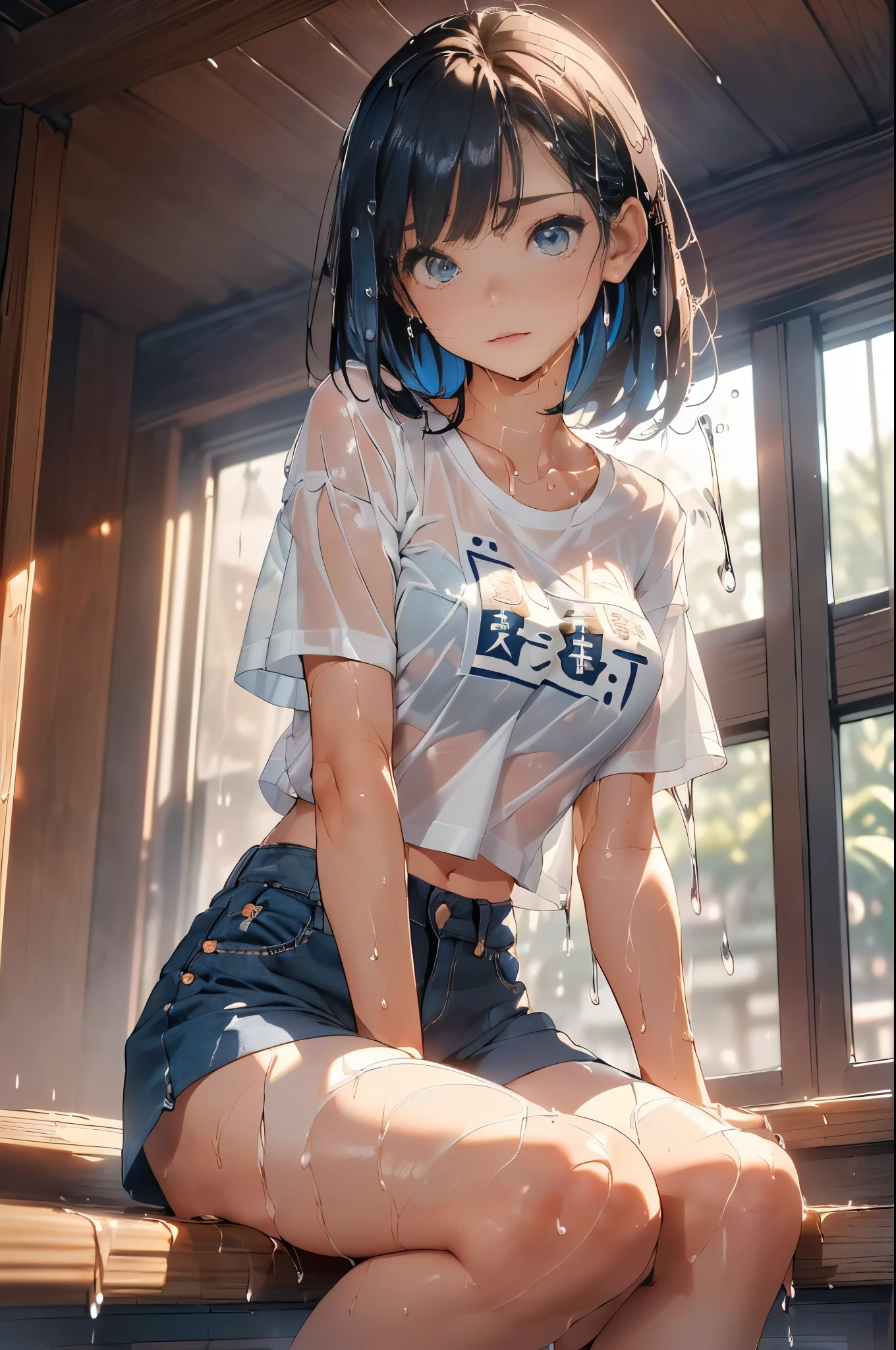 (masterpiece,best quality,ultra-detailed,intricate,detailed face,detailed eyes,beautiful eyes),(((rain:1.5,屋外:1.3、屋外:1.3,大都市の裏路地)))、(((1woman,wet:1.5,wet:1.5,wet:1.5,濡れた衣服:1.5))),(((傘は無い:1.5)))、cowboy shot,20歳の美女、dark blue hair,medium bob hair:1.3,tearful,sad,(micro shorts, 白色のTシャツ、濡れた衣服:1.5),(slender body,medium breasts,gleaming skin),sitting,from front,(depth of field:1.2),nsfw,