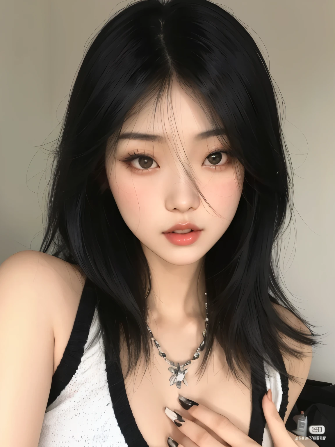 a woman with long black hair and a white top posing for a picture, beautiful south korean woman, gorgeous young korean woman, cruel korean goth girl, korean girl, black hair and large eyes, beautiful asian girl, shoulder-length black hair, white hime cut hairstyle, beautiful young korean woman, korean symmetrical face, black hime cut hair, center parted bangs