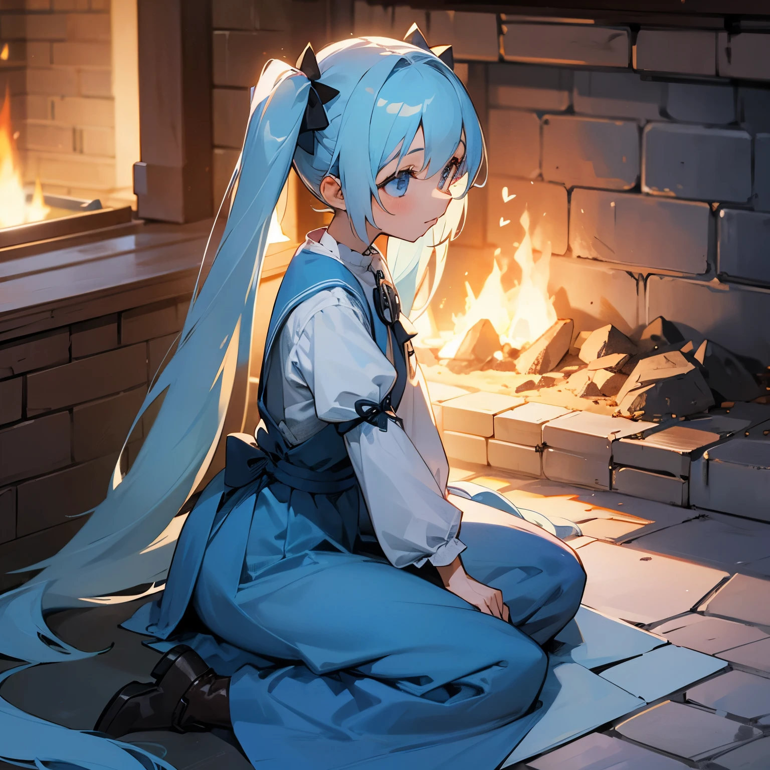 Girl in the hearth, twintails, light blue hair