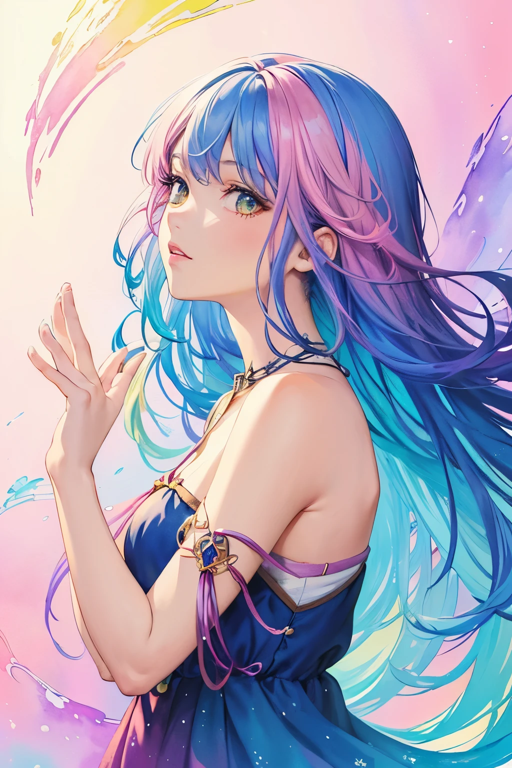 (masterpiece, top quality, best quality,watercolor (medium),official art, beautiful and aesthetic:1.2),(1girl:1.3), (fractal art:1.3),upper body, from side, looking at viewer,patterns,(rainbow color Hair,colorful hair,half blue and half pink hair:1.2),water,liquid, cloud,colorful, starry,stars,