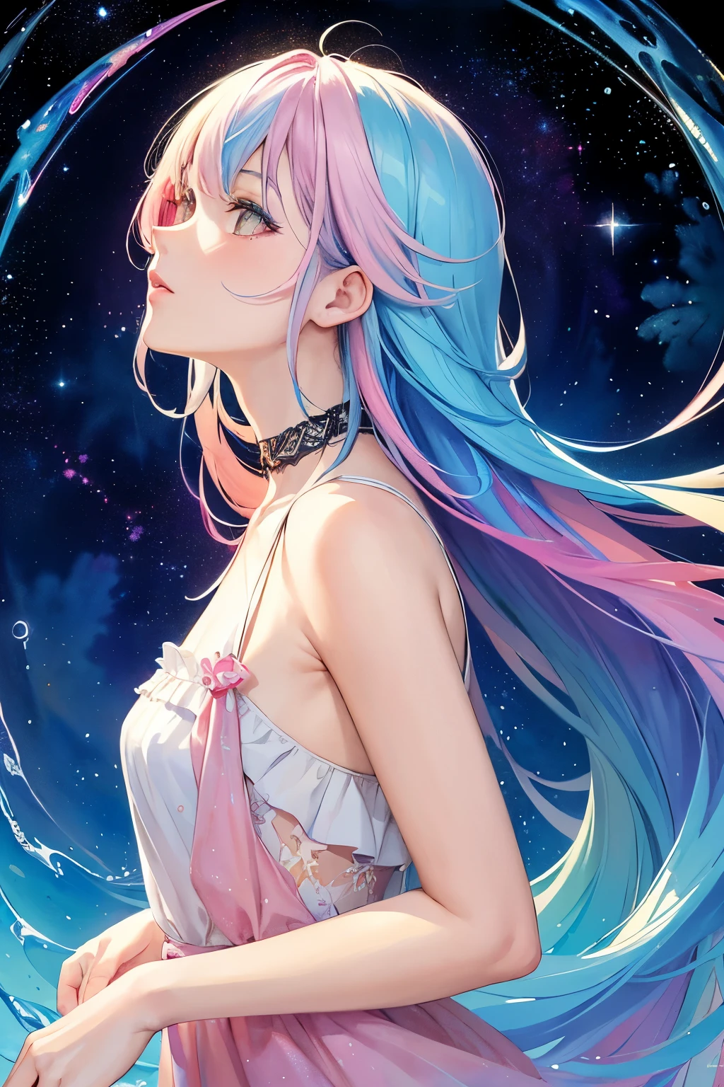 (masterpiece, top quality, best quality,watercolor (medium),official art, beautiful and aesthetic:1.2),(1girl:1.3), (fractal art:1.3),upper body, from side, looking at viewer,patterns,(rainbow color Hair,colorful hair,half blue and half pink hair:1.2),water,liquid, cloud,colorful, starry,stars,