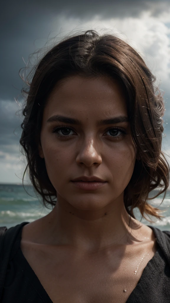 Female on beach portrait mode, dramatic lighting,portrait,dark cloud,detailed face,4k,add_detail,cinematic lighting,hyperrealism,8k,realistic,highly detailed,