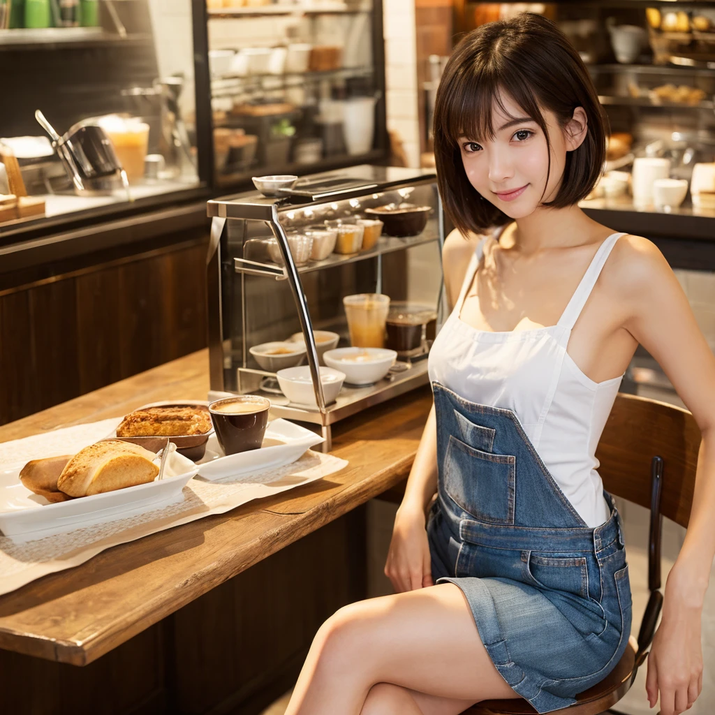 (realistic、High resolution:1.3)、1 girl with perfect figure、super thin face and eyes、short hair、apron、short jeans、at the cafe、coffee on the table、small breasts