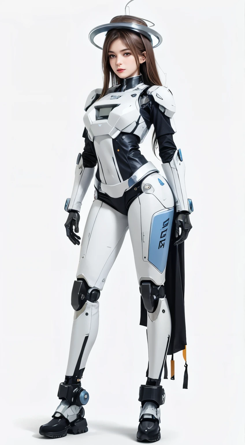Realism, high resolution, 1 womone, (simple mechanical costume 1.2), robot, mechanical girl, hat, mechanical halo, star halo, simple mechanical tight fitting suit, white mechanical costume, white background, full body, standing