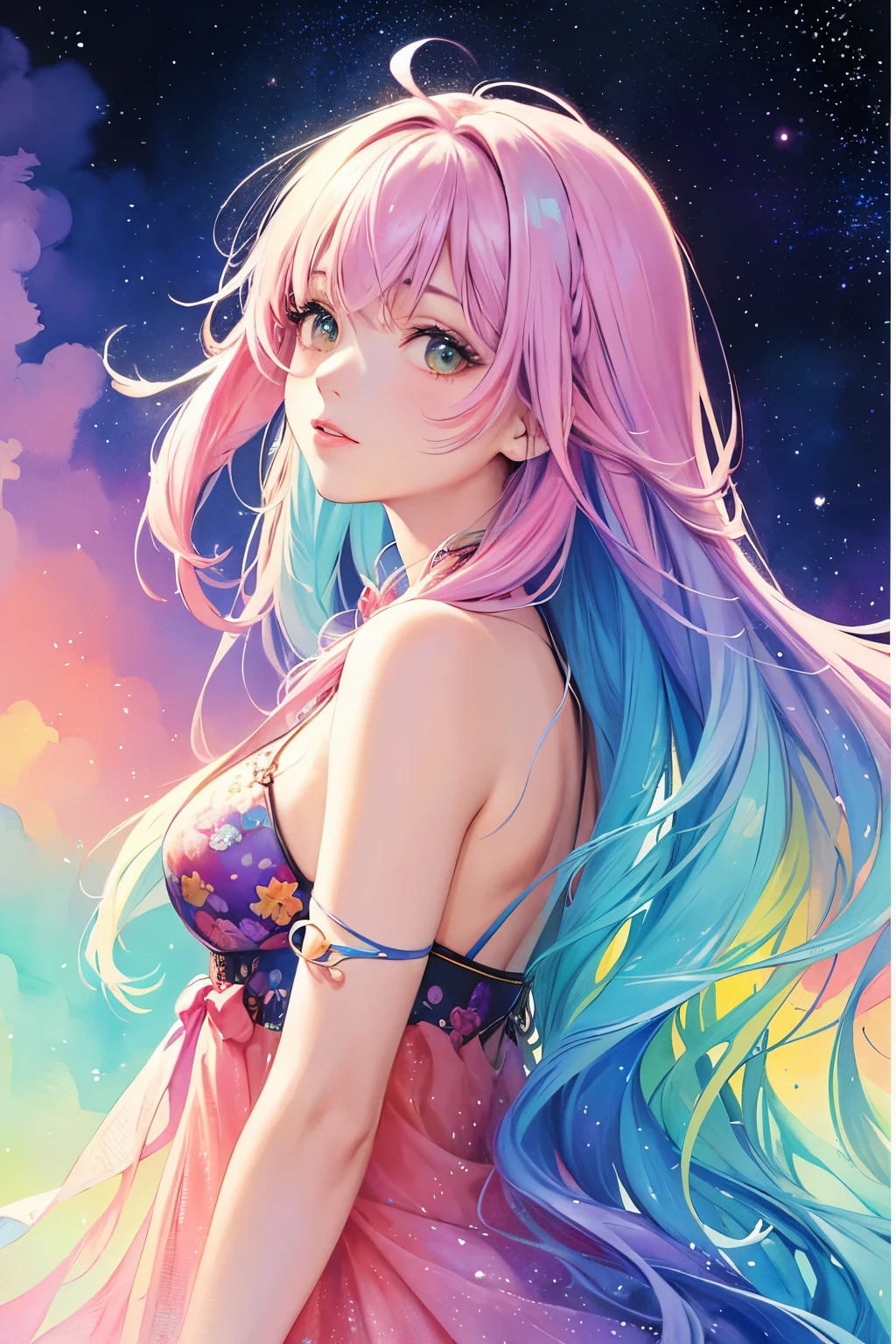 (masterpiece, top quality, best quality,watercolor (medium),official art, beautiful and aesthetic:1.2),(1girl:1.3), (fractal art:1.3),upper body, from side, looking at viewer,patterns,(rainbow color Hair,colorful hair,half blue and half pink hair:1.2),water,liquid, cloud,colorful, starry,stars,