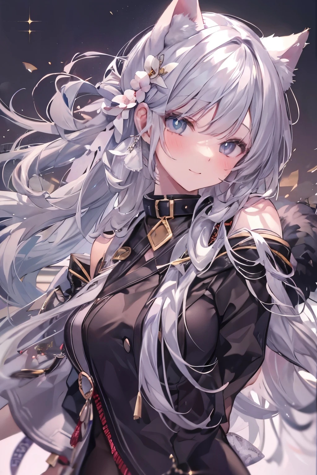 silver hair、cat collar black、eyes with sparkling flames、tits、belly button、japan town tokyo、Staring at the sky、first field view、wavy ponytail、hair on shoulders、very long hair、very thick hair、beautiful and fine eyes、golden eyes、eyes like jewels、Diamond-shaped eyes、hug your feet、detailed jewel leather collar、twin tails、sunglasses、amber eyes、beast ears、smile、embarrassing、blush、Tears、high detail、anime、romanticism、shine、silhouette、Depth of bounds written、UHD、retina、masterpiece、correct、anatomically correct、textured skin、super detail、high detail、award-winning、最high quality、high resolution、high quality、16k、cleavage