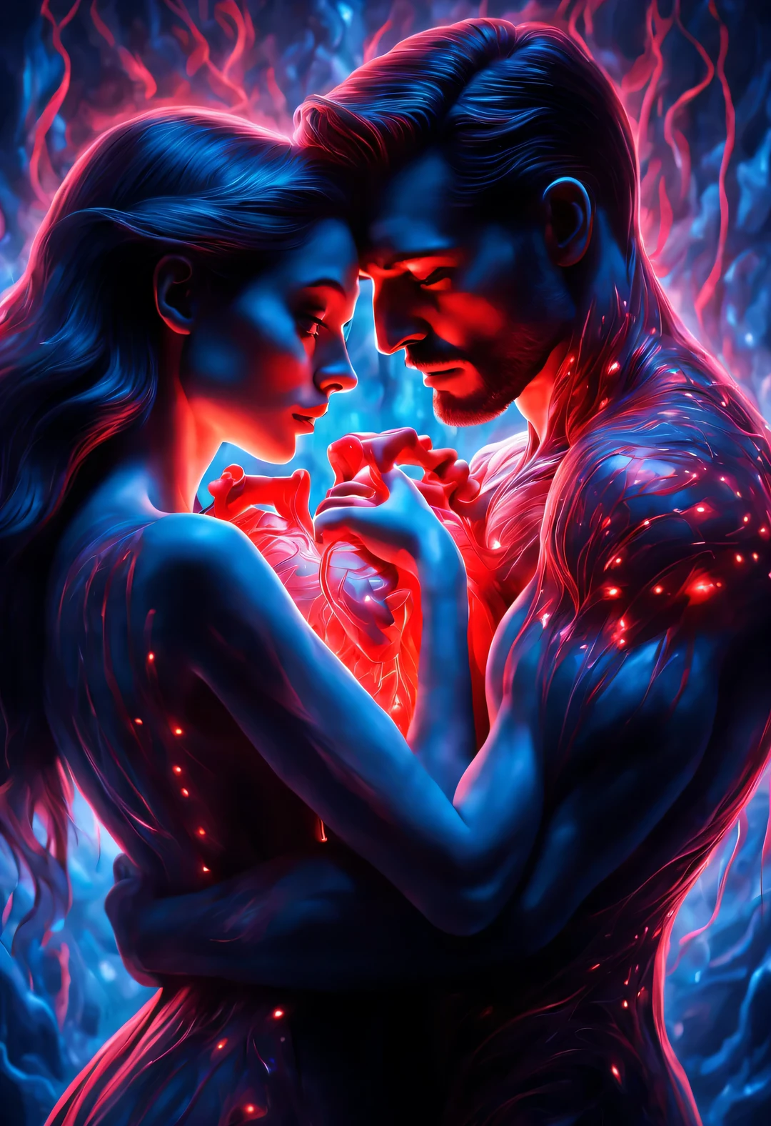 （Man giving woman huge glowing red heart），（There is a beautiful eye in the red heart：1.3）（The anatomy of the heart is clear, glowing red and blue, Jump in the center of the screen.：0.85），（Tom Hardy and Audrey Hepburn）（A man and a woman hugging each other face to face，Sharing a huge heart），Black light art，sharp focus，Toned muscles，Background human upper body muscles， fantasy，Reality，cartoon，3d rendering，super fine, Eighth Route Walker, Behavioral Contest Winners, vanity, trumpet, modern, 超Reality主义