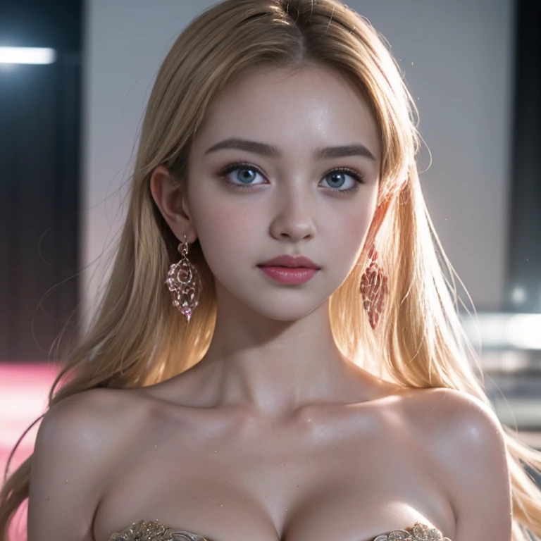 masterpiece，Highest image quality，Super details，best quality ,extremely delicate and beautiful, Very detailed,best quality, official art, Extremely detailed CG unified 8k wallpaper, Ana de Armas portrait photo, Blonde hair with black pupils，shiny skin,  (beautiful eyes:1.1), beautiful skin, big watery eyes，(detailed lighting:1.2), (Beautiful and detailed light:1.3),Glazed pink rose exquisite see-through red and black palace dress，Beautiful udder, The most perfect breast shape，firm breast，Deep cleavage，Naked of breast，complex, digital drawing, Smooth, sharp focus, end of the world, epic reality, (high dynamic range:1.4), (pastel colors:1.4), Revelation，Bright colors, screen space refraction, (intricate details, Super detailed:1.3), art station, lens, complex background, buliding，Beautiful smile，The most beautiful look，Dreamcatcher earrings，The best look，Beautiful dignified goddess，