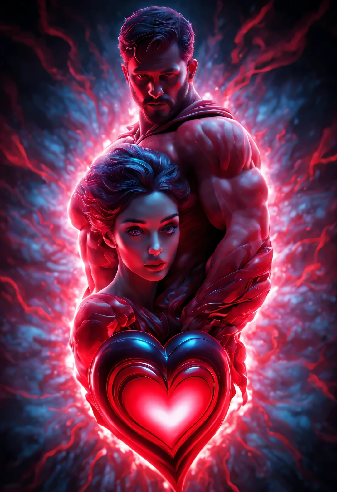 （Man giving woman huge glowing red heart），（There is a beautiful eye in the red heart：1.3）（Clear anatomy，A heart glowing red beats in the center of the picture.：0.85），（Tom Hardy and Audrey Hepburn）（A man and a woman hugging each other face to face，Sharing a huge heart），Black light art，sharp focus，Toned muscles，Background human upper body muscles， fantasy，Reality，cartoon，3d rendering，super fine, Eighth Route Walker, Behavioral Contest Winners, vanity, trumpet, modern, 超Reality主义