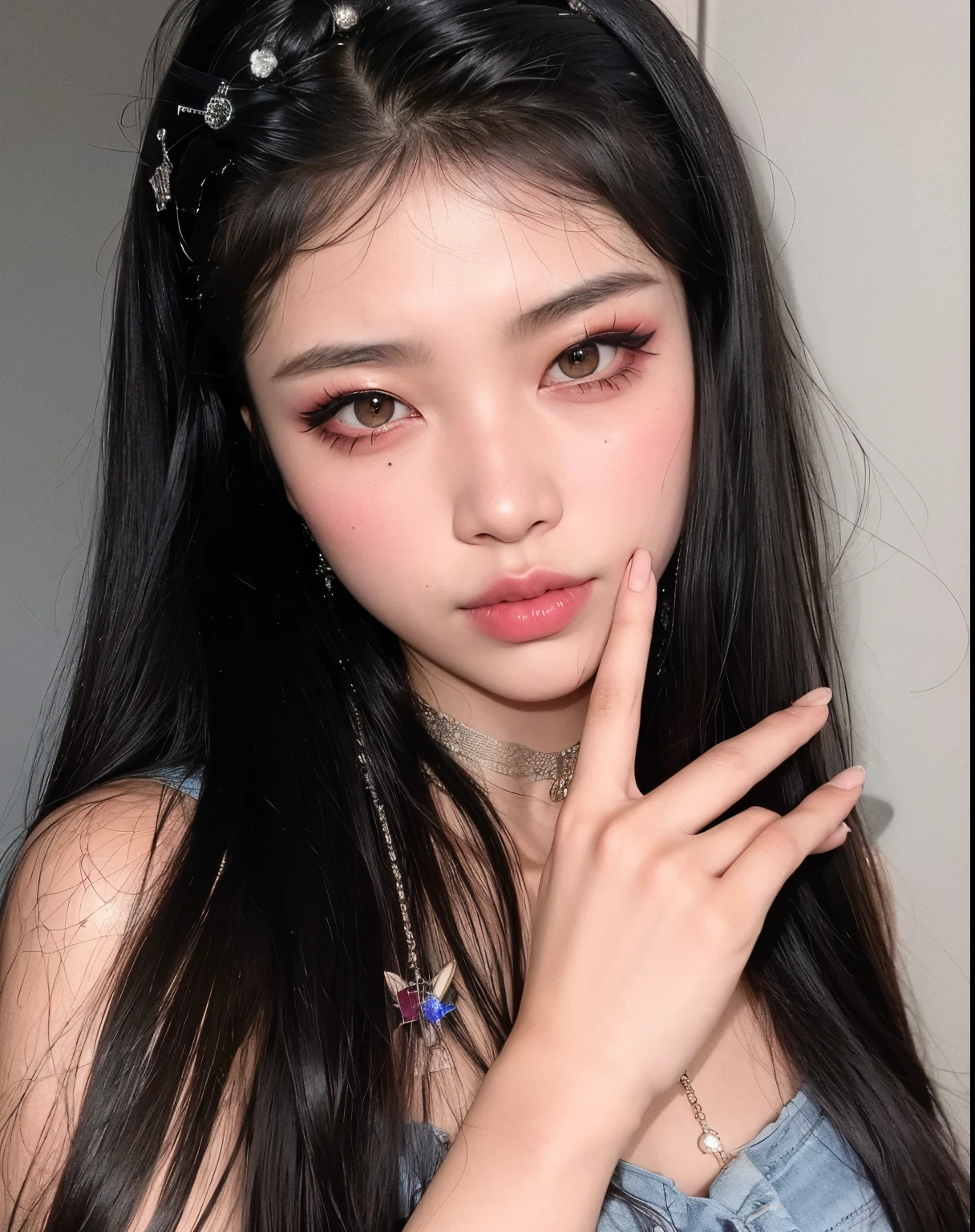 there is a woman with long hair and a necklace on her head, cruel korean goth girl, ulzzang, popular south korean makeup, popular korean makeup, with long hair and piercing eyes, korean girl, portrait of jossi of blackpink, sakimichan, goth girl aesthetic, asian girl, 18 years old, asian features