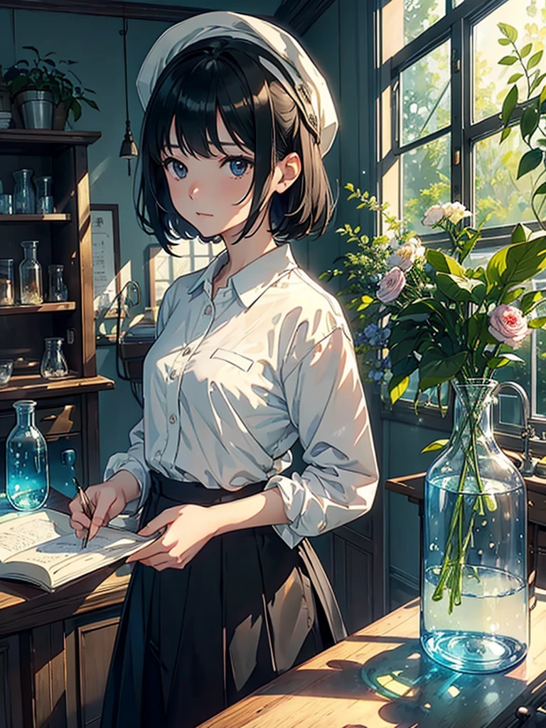 ((Watercolor by singer Sargent))、(highest quality、masterpiece)、1 girl、、wonderful、short black hair、black eye、small breasts、uniform、long skirt、Wearing a lab coat、(Scientific Laboratory、鉱物標Book、microscope、glass tube、beakers、Alcohol lamp、Labware、on the table、)、Book、machine、Floral、window、Foliage plant、 wood、soft light、