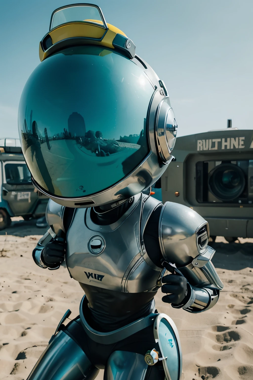 A Modern flat toon Crazy whit a Big ONE a Only Eye Robot and helmet Style, tongs in hands, Tv head, pinhead, camouflage Yellow cyan Rusty, Ambient in a BEACH super detailed, center, beautiful, soft lighting, focused on the character, 4K resolution, photorealistic rendering.