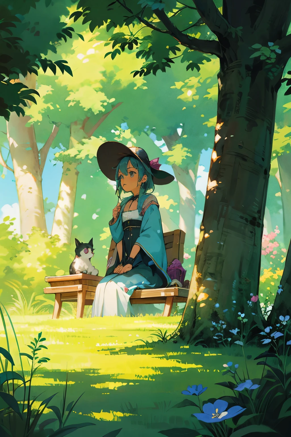 The cat and the girl sit in harmonious companionship on a quintessential bench, nestled among lush grass, shrubs, and an array of vibrant flowers. Surrounding them, butterflies flit about in the gentle breeze, adding to the enchanting atmosphere. This scene unfolds in the magical style of Hayao Miyazaki, evident in the bright, bold colors that paint the picture.

Employing the behind-the-scenes perspective, we observe the girl, her expression reflective as she gazes into the distance. Her fist clutches a tattered book close to her chest, her eyes lost in its pages. A sunhat shields her face from