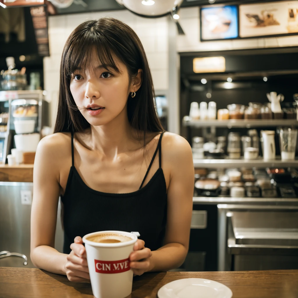 Realisticな,(master piece, high quality:1.2) ,Realistic, one perfect woman、RAW photography, wide wide shot, ( Hand Sign), verbal invitation, she keeps her mouth open, (just enough to make ends meet), drink coffee、I&#39;m at the cafe、Tank top