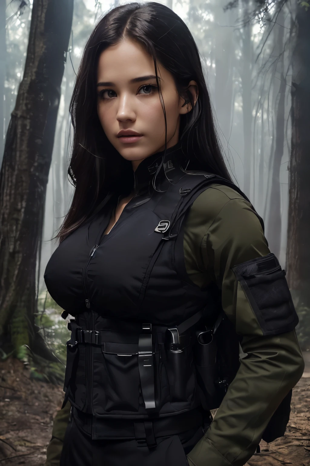 ((tmasterpiece、ultra fine photos、top-quality、超A high resolution、Photorealsitic、foco nítido、(chest circumference、Focus from the chest upwards、Kelsey Asbille, beautiful woman, skinny, large big breasts, black long hair, detailed face, facing the camera, photo taken from a distance, age of 25 years old)、Special forces uniforms、Black tactical vest、Military trousers、Black combat gloves、rucksack、Black military undershirt、Detailed facial and chest depictions、detailed hand depiction、Combat pose、Dynamic action、in woods、White smoke、watching at viewers