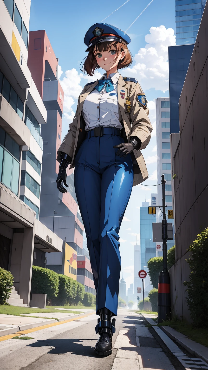 ground_destroyed robot from Patlabor, destroyed civil robot from Patlabor, Ingram of Patlabor, brown_hair, jacket, sitting, gloves, long_sleeves, pants, patlabor, 1girl, sky, necktie, yellow_neckwear, riding, shirt, outdoors, police_uniform, collared_shirt, vest, bangs, day, police, smile, white_shirt, blue_sky, standing, shoes, short_hair, blue_jacket, city, from_side, looking_down, headwear_removed, straddling, oldschool, black_footwear, patlabor_uniform, gun, blue_background, shadow, white_gloves, giant robot, science_fiction, blue_pants, boots, bowtie, 1990s_(style), holding, looking_away, open_clothes, black_neckwear, closed_mouth, police woman, open_jacket, blazer, wing_collar, cloud, looking_afar, black_jacket, Ingram of Patlabor in backgroud, destroyed robot in backgroud, destroyed robot from Patlabor