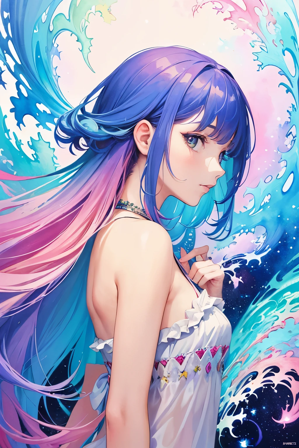 (masterpiece, top quality, best quality,watercolor (medium),official art, beautiful and aesthetic:1.2),(1girl:1.3), (fractal art:1.3),upper body, from side, looking at viewer,patterns,(rainbow color Hair,colorful hair,half blue and half pink hair:1.2),water,liquid, cloud,colorful, starry,stars,