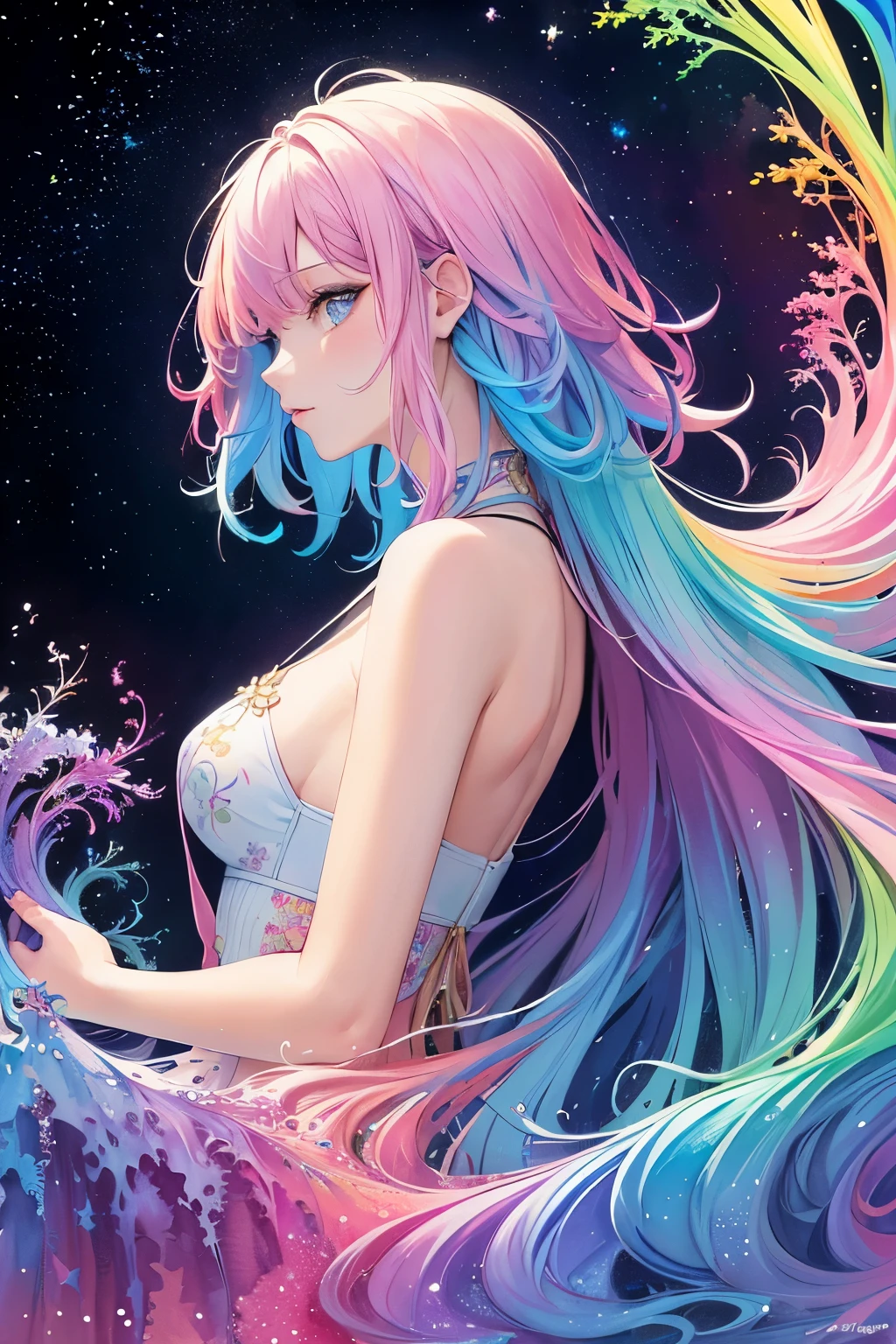 (masterpiece, top quality, best quality,watercolor (medium),official art, beautiful and aesthetic:1.2),(1girl:1.3), (fractal art:1.3),upper body, from side, looking at viewer,patterns,(rainbow color Hair,colorful hair,half blue and half pink hair:1.2),water,liquid, cloud,colorful, starry,stars,