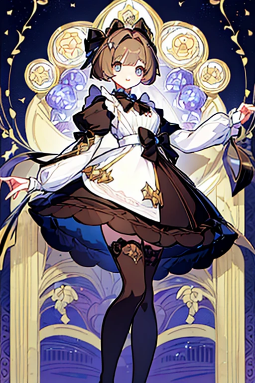(Masterpiece: 1.5, best quality, high resolution: 1.3, super resolution, super detailed, ultra detailed: 1.3, rich background: 1.2, 1 woman)) pale skin + brown hair + fluffy short hair + aquamarine eyes + long eyelashes + long bangs + feminine body + defined figure + big chest + thick thighs + tall stature (intricate maid dress, small neckline, intricate thigh-high flat boots, pantyhose, cute accessories, two hair bows) ((cheerful expression, standing holding a bow, electro vision) (colors of clothing and accessories: white, black, cream)