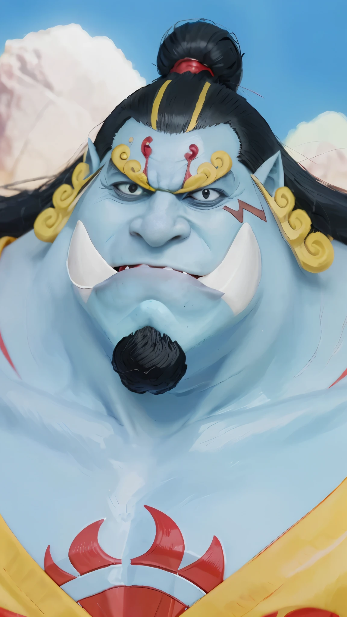 (((Masterpiece))), (((epic realistic))), (((realistic))), (((photorealistic))), (((man))), jinbei  from one piece, 30 years old, wide curly hair, black beard, fanged teeth, fish man, wears a kimono, has gills on his neck, (((has 2 big fangs on his teeth))), Behind the character there is a ping colored hill