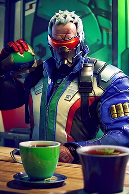 highest quality、masterpiece、Soldier 76 drinks green tea