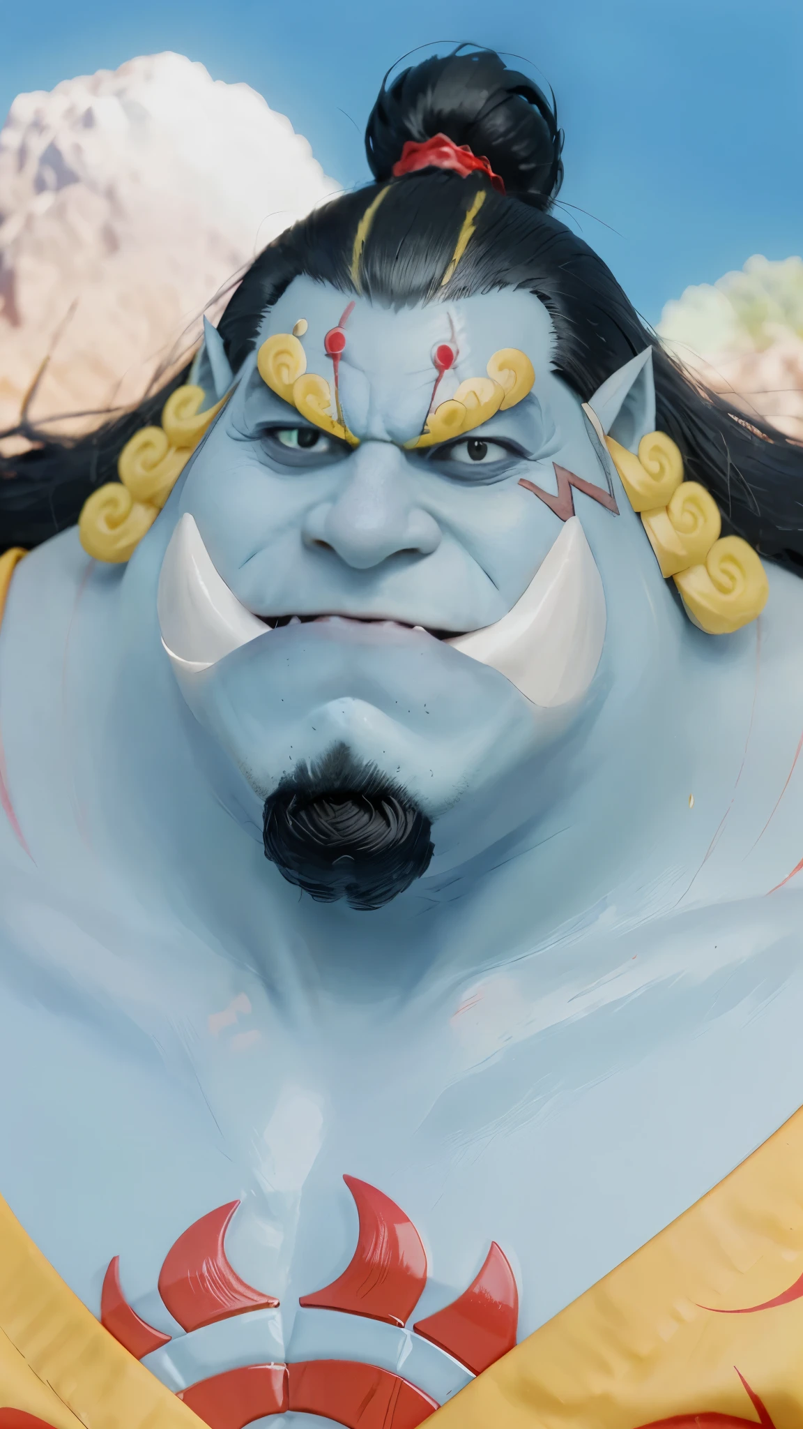 (((Masterpiece))), (((epic realistic))), (((realistic))), (((photorealistic))), (((man))), jinbei  from one piece, 30 years old, wide curly hair, black beard, fanged teeth, fish man, wears a kimono, has gills on his neck, (((has 2 big fangs on his teeth))), Behind the character there is a ping colored hill