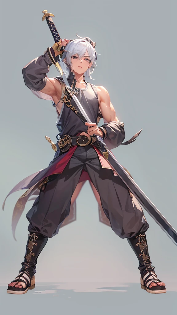 masterpiece, best quolyty, 8k, beautiful detailed grow, (sword fighting training), ((holding a divine long zweihander, put both hands together and push them forward)), a silver short hair divine sword man boy, , red eyes, serious face, sweaty skin, tops is Tank top, botoms is exercise pants, in the training ground.